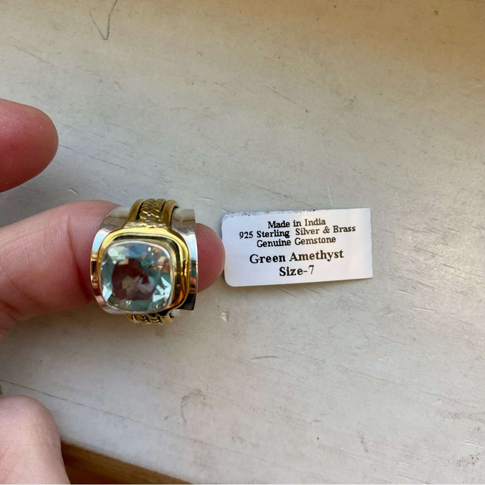 Green amethyst sterling silver and brass ring - Picture 7 of 14